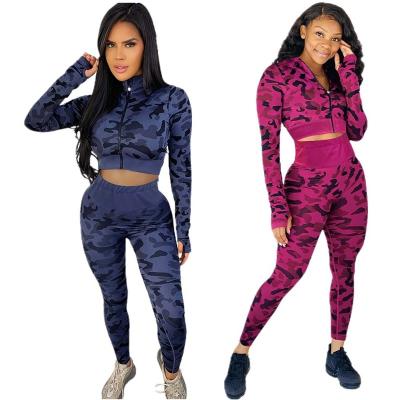 China Breathable Ready To Ship Camouflage Print Gaiters Pants Set For Woman High Waist Cropped Cotton Jogger Sets Women Sweatsuit Set for sale