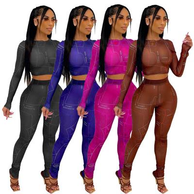 China Wholesale Breathable Letter Printing Mesh See Though Sexy Clubwear 2021 Fall Women Clothes Sets Women Sexy Two Piece Sets for sale