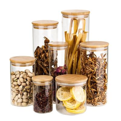 China Wholesale Viable Custom Design Food Grade 500ml 1000ml Glass Canister Storage Jar Airtight Jar Bamboo Candy Lid Storage Jar for sale