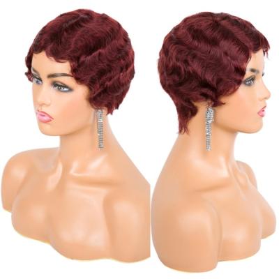 China Finger Wave Short Black Curly Wigs For Color Women None Lace Up Pixie Cut Finger Wave Human Hair Machine Made Wigs for sale