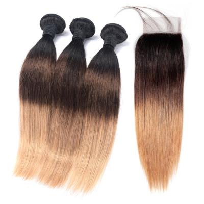 China 100% Virgin Hair Bundles Three Tone Ombre Brazilian Human Hair Straight Hair Bundles 1B4/27 Ombre Hair Bundles With Closure for sale