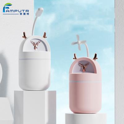 China Feel Comfortable LED Light 280ML Capacity Display USB Car MIni Ultrasonic Air Humidifier With Portable Fan for sale