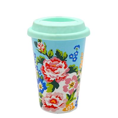 China Cheap Sustainable 13oz Bone China Pink Eco Friendly Ceramic Custom Tea Coffee Camping Floral Mugs Travel Mug for sale