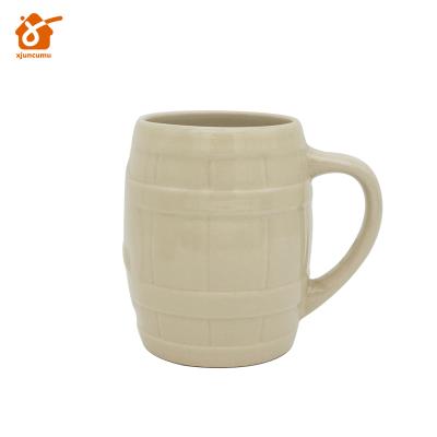 China Customized Embossing Beer Barrel Viable Beer Mug 1 Liter Oktoberfest Ceramic Beer Mug With Handle for sale