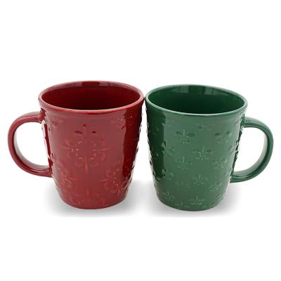 China Viable Wholesale Promotional 20oz Embossed Breakfast Ceramic Mug Flower Embossed Logo Stoneware Mugs for sale