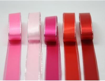 China YiCai High Tenacity Metallic Silver Edge Satin Ribbon Factory Stocked RIBBONS Fashion 9mm Polyester Double Face Solid Color 100% for sale