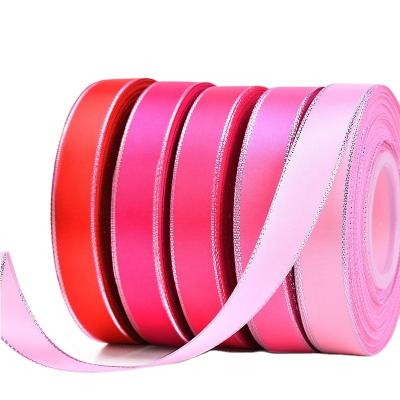 China YiCai High Tenacity Metallic Silver Edge Satin Ribbon Factory Stocked RIBBONS Fashion 22mm Polyester Double Face Solid Color 100% for sale