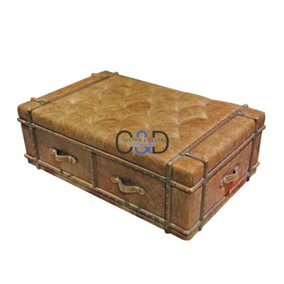 China Vintage Cooling Classic Luxury Antique Decked Steamer Coffee Table Top Genuine Leather Trunk With Drawers for sale