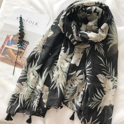 China Polyester Women Leaf Pattern Wraps Printed Hijabs 10pcs/lot Scarf Cotton Voile Tassel Scarf Shawls for sale