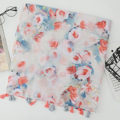 China Polyester Women Floral Pattern Printed Scarf Cotton Voile Tassel Scarf Wraps Hijabs 10pcs/lot for sale