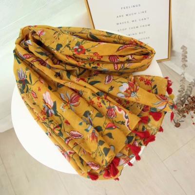 China Polyester Women Floral Pattern Printed Scarf Cotton Voile Tassel Scarf Wraps Hijabs 10pcs/lot for sale