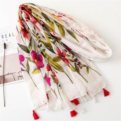 China Polyester Women Floral Pattern Printed Scarf Cotton Voile Tassel Scarf Wraps Hijabs 10pcs/lot for sale