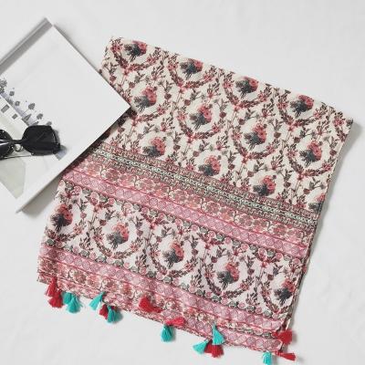 China Polyester Women Floral Pattern Printed Scarf Cotton Voile Tassel Scarf Wraps Hijabs 10pcs/lot for sale