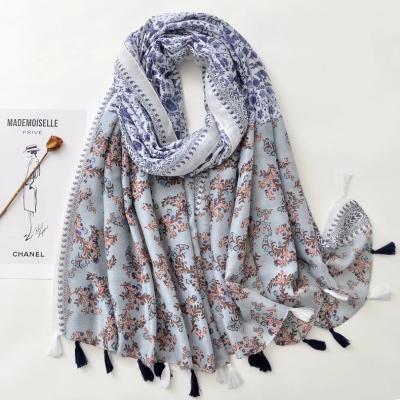 China Polyester Women Floral Pattern Printed Scarf Cotton Voile Tassel Scarf Wraps Hijabs 10pcs/lot for sale