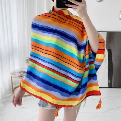 China Polyester Women Colorful Stripe Printed Pattern Tassel Scarf Cotton Voile Scarf Wraps Hijabs 10pcs/lot for sale