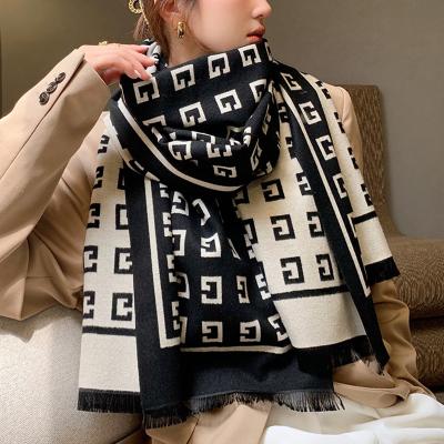 China 2022 Newest Winter Women Acrylic Logo Textured Pashmina Wool Cashmere Scarf Shawls Wraps Many Prints for sale