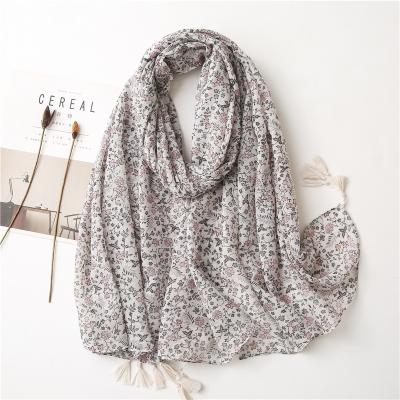 China Polyester 2022 Women Floral Pattern Printed Scarf Cotton Voile Tassel Scarf Wraps Hijabs 10pcs/lot for sale