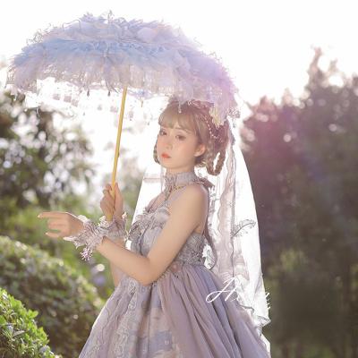 China Europe Lolita Handmade Butterflies El Dreams Versailles Christmas Cosplay Flower Parasol Light Blue Umbrella with Fan Paraguas Inverso for sale