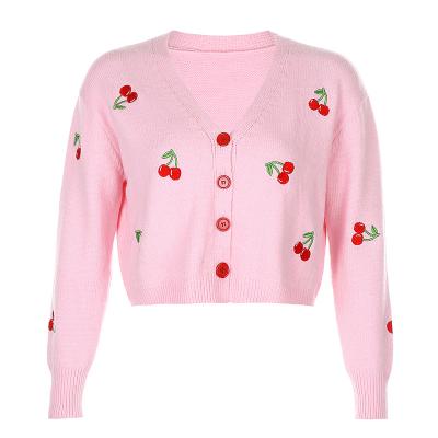 China Women's Long Sheathed Cherry Embroidery Loose Sweater Coat Autumn 2020 New Women's Anti-pilling V-Neck Sweater for sale