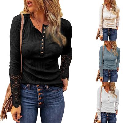 China New Regular Knitted Solid Color Women's T-shirt Casual Round Neck Stitched Lace Sleeves Loose Solid Color Long Sleeve T-Shirt for sale