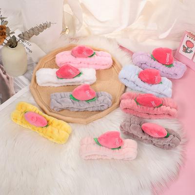 China Wholesale Soft Comfy Coral Fleece Shower Washing Face Head Bands For Women Girl Makeup Shower Cute Peach Hair Bands With Custom for sale