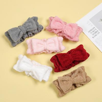 China Colorful Coral Fleece Makeup Shower Terry Cloth Bow Headbands Comfortable Women Facial Hair Tape Spa For Washing Face for sale