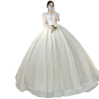 China Pretty Dry Cleaning Lace Shorts Lantern Sleeve Short Wedding Dress Plus Size Wedding Dress Vintage Women Fashion Element Bride OEM Train for sale