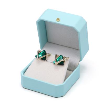 China Wholesale Custom Packaging Leather Ring Earring Pendant Box PU Jewelry Logo Light Blue Pu Leather for sale