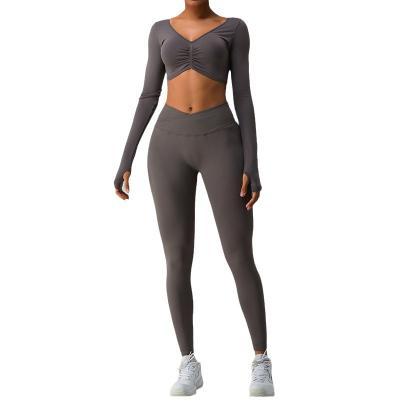 China Breathable Custom Women Sports Wear long sleeve Sports Cropped Top And Leggings Set Gym Fitness Clothing Two Piece Yoga Set for sale