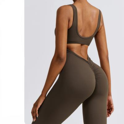 China Breathable Custom Logo Women Yoga Suit 1 Piece Fitness Training Sportswear Flared Pants Workout Yoga Jumpsuit Gym Sets Seamless Set for sale