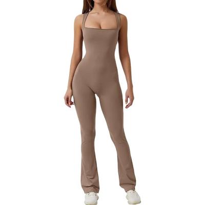 China Breathable one piece sexy flared trousers yoga activewear gym seamless shapewear long sleeve jumpsuit fitness bodysuit women for sale