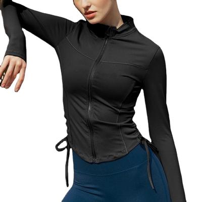 China Breathable Autumn zipper drawstring fitness top women stand collar slimming yoga wear long sleeve outdoor running sport for sale