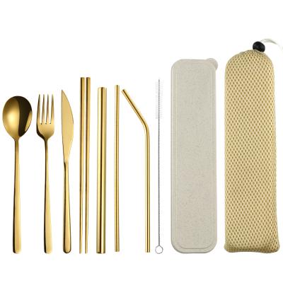 China Sustainable Portable 7pcs Stainless Steel Cutlery Set with Chopstick and Straw for Travel, Flatware Set with Case for sale