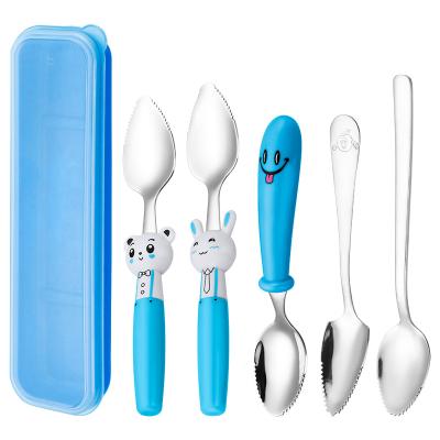 China Viable Baby Spoon Fruit Scraper Kid Spoon Baby Cutlery Scratch Flatware Sets 304 Stainless Steel Gift Box Accepatable Pink, Blue for sale