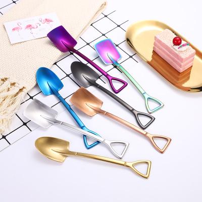 China Creative High Quality Viable 304 Stainless Steel Shovel Shape Spoon For Ice Cream Cafe Dessert Mini Soil Shovel Spoon Flatware Salad for sale