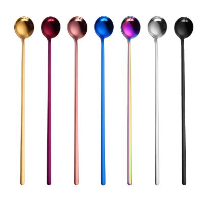 China Durable Extra Long Handle Small Round 304 Stainless Steel Spoon For Coffee Tea Dessert Ice Cream Stirring Spoon Table Spoons Flatware for sale