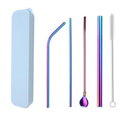 China Viable Portable Color Box Set Of 5 Stainless Steel Drinking Straws Set Metal Boba Reusable Straws Spoon Straw With Cleaning Brush for sale