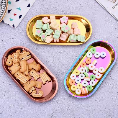 China Multicolor Sustainable Stainless Steel Storage Tray Decorative Storage Serving Tray For Tea Fruit Sugar Metal Plate Dish Flatware for sale