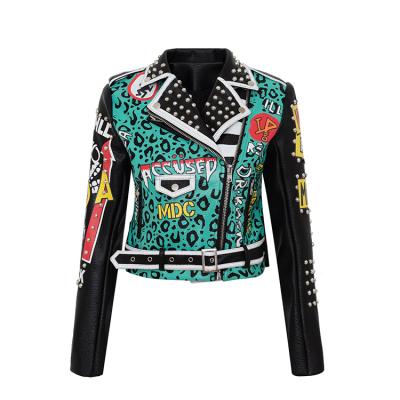 China 2022 Motorcycle Jacket Ladies Rocker Graffiti Leopard Rivet Studded Bomber Jacket PU Leather Biker Jacket For Women for sale