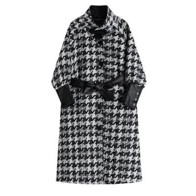 China Plus Size Casual Ditch Coat Fashion Winter Thicken Clothing Ladies Outwear Houndstooth Checks Tweed Women's Long Ditch Coat Jacket for sale