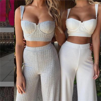 China Breathable Stylish Summer Plus Size Crop Ribbed Knit Camisole Beach High Top Waist Wide Straight Leg Pants Women Two Piece Sets for sale