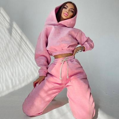 China Breathable Jogger Hoodie Sweatshirt Crop Set Jogger Workout Ladies Two Piece Sets Sweatpants Tracksuits For Women for sale