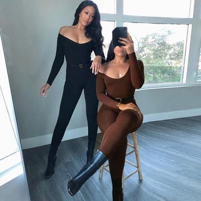 China Breathable Off The Shoulder Fitness Plus Size Long Sleeve Casual Bodycon Women Jumpsuit Zipper Solid Color One Piece Jumpsuit For Ladies for sale