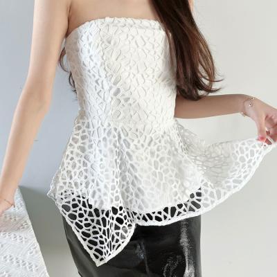 China 2022 Summer Breathable Plus Size Fashion Casual Hollow White Ladies Lace Up Blouse Off The Shoulder Flare Peplum Tube Tank Tops For Women for sale