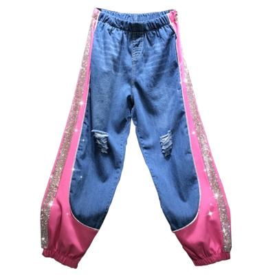 China Breathable Ladies Sports Jogger Canvas Pants Elastic Waist Mixed Pink Denim Pants Jeans With Splice Rhinestones For Women for sale