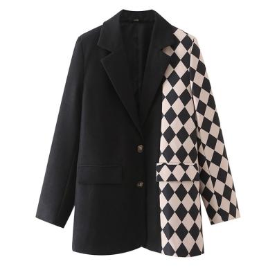 China Breathable Elegant Casual Plus Size Ladies Career Office Wear Color Blocked Black Splice Checks Print Oversized Women Blazer Suit Jacket for sale