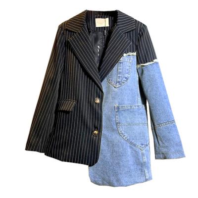 China Lady Plus Size Casual Breathable Fashion Office Wear Career Teams Wash Jeans Jacket Suit Stripes Women Asymmetric Light Blue Blazer for sale