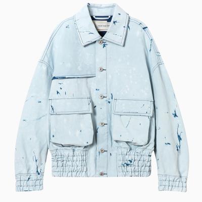 China 2022 Fashion Breathable Casual Spring Outdoor Apparel Street Wear Light Blue Bleach Wash Tie Dye Plus Size Men's College Bomber Jacket for sale