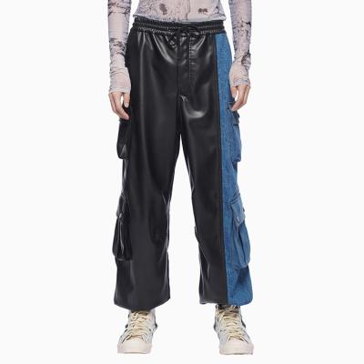 China 100% Polyester Casual Street Wear Plus Size PU Leather Blue Wash Synthetic Faux Denim Splicing Color Blocked Mens Cargo Pants Trousers for sale