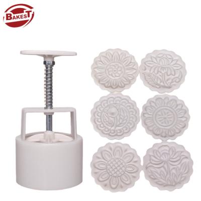 China CuteFlower Round 150g Viable White Grass Mooncake Mold Set With Six Stamps Patterns for sale